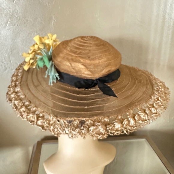 LOVELY LATE 1920s\' GOLD SHEER FABRIC WIDE BRIM HAT + DETAILED EDGING  ON BRIM main image 12